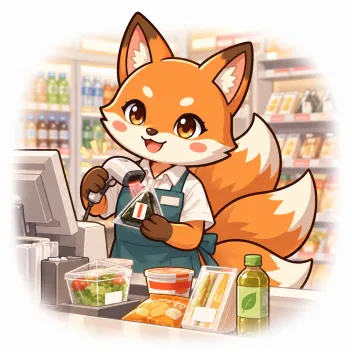 Kiki in a shop apron scanning a rice ball at a convenience-store checkout.